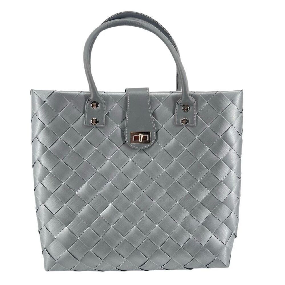 Woven Gray Tote Bag Turn Lock Closure Double Handle Large Carryall